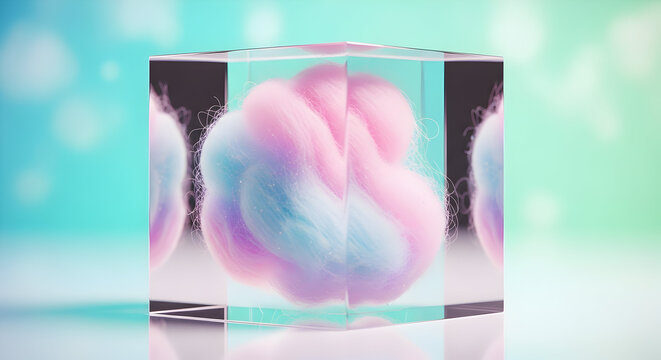 Abstract cube containing a fluffy mass of pink and blue cotton candy, rendered in a soft, dreamlike style with bokeh lights in the background