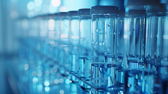 Scientific research with laboratory glassware filled with transparent fluid under blue light