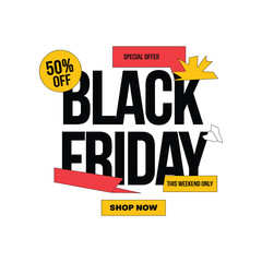 Fototapeta premium Black Friday Sale Banner with 50 Percent Discount and Shop Now Offer