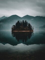 A serene island nestled in a still lake, mirrored perfectly by the placid water, framed by misty mountains.