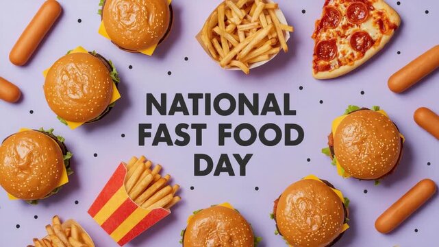 National fast food day celebration with burgers, fries, and pizza