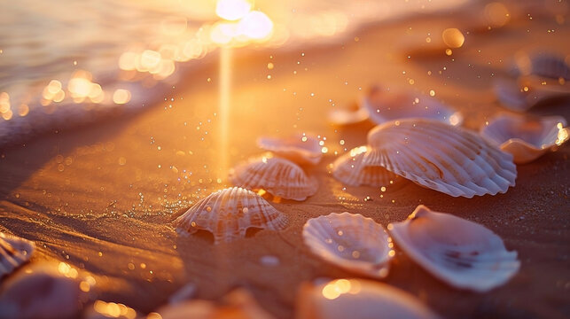 Golden hour at the beach: Seashells shimmering in the sunlight with soft ocean waves