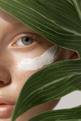 a young beautiful woman with a smear of cosmetic cream on her face hides behind a tropical leaf. Wellness day concept, skin care