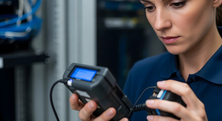 Female Network Engineer Inspecting Fiber Optic Cables in Server Room