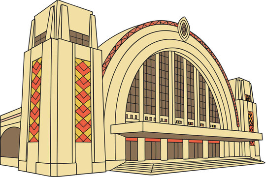 Cincinnati Union Terminal in Ohio, monumental Art Deco facade with colorful mosaic murals inside