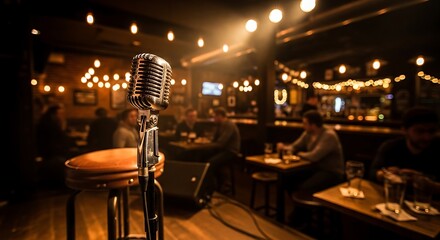 Vintage Microphone Stands Center Stage in Dimly Lit Bar.