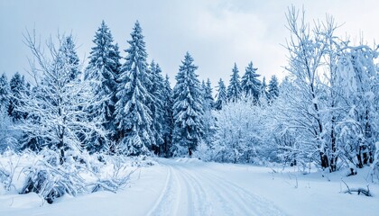 Obraz premium A serene winter landscape with a snowy path winding through a dense forest of frost-covered evergreen trees