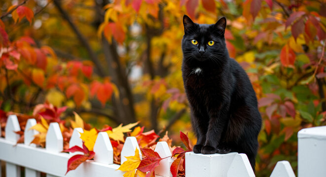 Black cat sitting on white picket fence with autumn leaves, outdoor fall scene