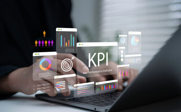 Businessman analyzing KPI dashboard with charts and data analytics on laptop, representing performance measurement, business strategy, goal tracking, digital marketing and corporate growth