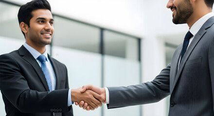 Two businessmen shaking hands to close a deal in office