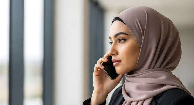 Elegant Muslim businesswoman in hijab talking on smartphone by window - Powered by Adobe