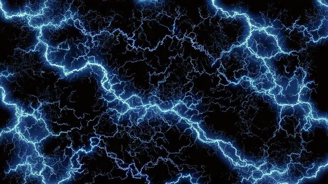 Abstract electric lightning pattern with glowing blue bolts on black background, depicting power, energy, and electricity concept