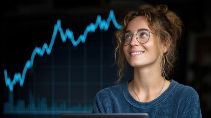 Young woman with glasses smiling in front of digital stock market graph on dark background