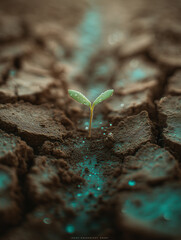 A single green seedling emerging from cracked dry soil, gentle micro water droplets from a drip emitter, climate-resilient agriculture theme, 