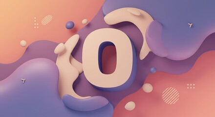Abstract 3 d render of the number zero with fluid shapes and pastel colors