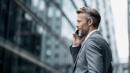 A businessman in a suit talking on a smartphone in a modern city - Powered by Adobe