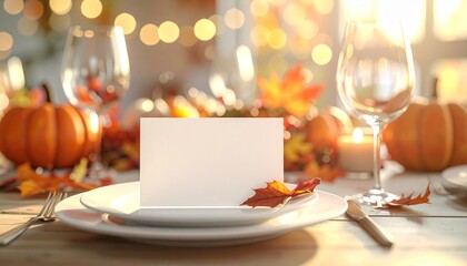 Elegant Thanksgiving dinner table setting with a blank place card mockup for seasonal greetings or menu