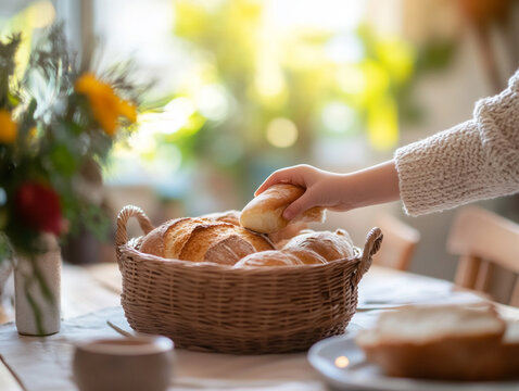 Child’s hands passing a bread basket across the table. Cozy family moment, blurred background, natural light
