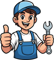 Happy cartoon mechanic holding wrench, cheerful handyman mascot illustration, professional repair service worker, blue uniform technician, thumbs up gesture, vector design