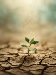 A single green seedling emerging from cracked dry soil, gentle micro water droplets from a drip emitter, climate-resilient agriculture theme, 
