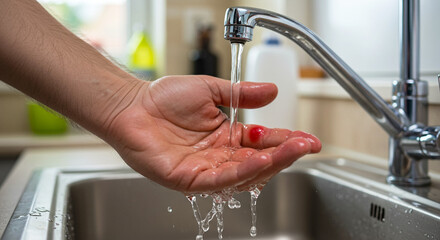 Burned hand under running water in kitchen sink, first aid treatment for injury