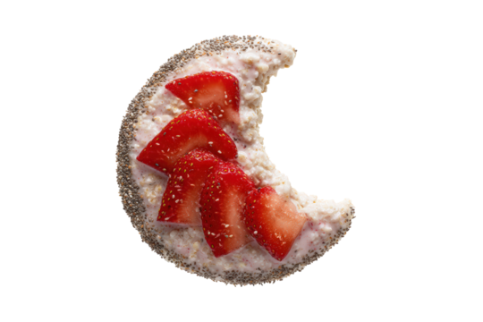A crescentshaped cookie or pastry topped with cream and fresh strawberry slices, isolated on a transparent background