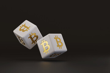 White dice with bitcoin sign with copy space. 3d illustration.