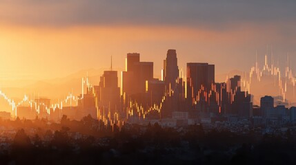 Sunset over Los Angeles skyline with digital financial data visualization effects