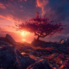 A magnificent landscape at sunrise, showcasing a blossoming tree atop a rocky mountain peak, bathed in warm, vibrant hues.