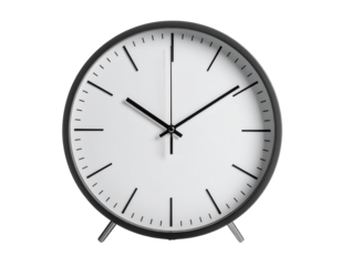 The modern, minimalist analog clock shows the time with stark black hands and markers against a clean, white face, encased in a dark gray frame and set against a solid black background, creating a...