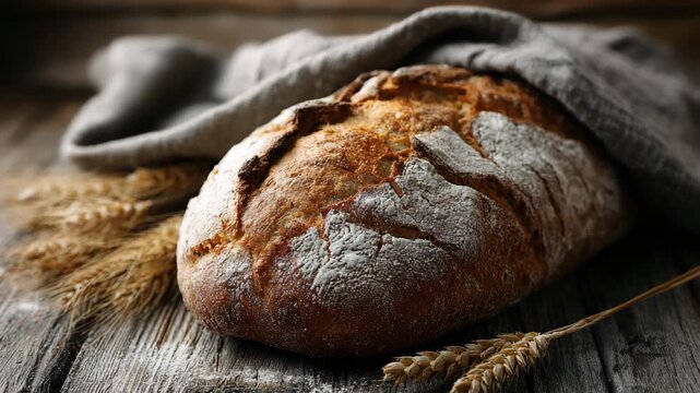 Freshly baked artisan bread cooling on wooden table with rustic cloth and wheat stalks surrounding it