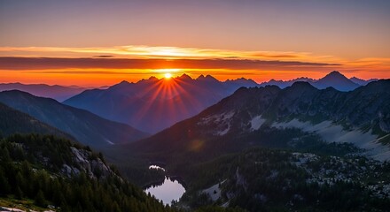 Obraz premium Sunset over Majestic Mountains and Serene Lake.