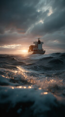 A large cargo ship sailing on the ocean at sunset, cinematic wide shot, dramatic sky, soft golden light reflecting on the waves