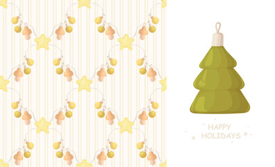 Christmas ornaments seamless pattern. Merry Christmas vector illustration. Xmas balls background and tree design element. New Year festive set.