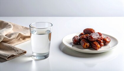 Obraz premium A clear glass of fresh drinking water served with sweet dates on a white plate. Minimalist composition with clean white background, symbolizing healthy lifestyle, hydration, fasting food, Ramadan.