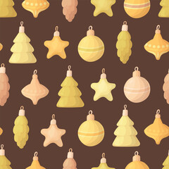 Christmas ornaments on a dark background seamless pattern. Xmas balls, stars, fir trees and cones. Festive vector illustration.