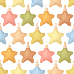 Christmas ornaments seamless pattern. Xmas bright stars on a white background. Festive vector illustration.