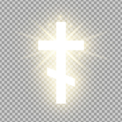 Shining gold Orthodox cross isolated on transparent background. Riligious symbol. Glowing Saint cross. Easter and Christmas sign. Vector illustration