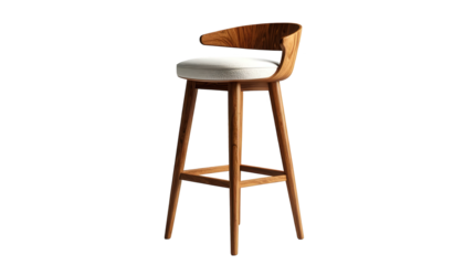 The elegantly crafted wooden bar stool features a curved backrest and comfortable cushioned seat, presented against a contrasting black backdrop for enhanced visual appeal.