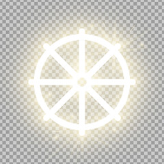 Shining gold Wheel of Dharma isolated on transparent background. Glowing Buddhism sign. Riligious symbol. Vector illustration