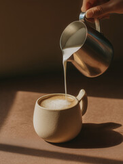 A close-up shot of a creamy coffee being prepared. A hand is pouring frothed milk from a stainless steel pitcher into a beige ceramic mug with a unique, curved handle.