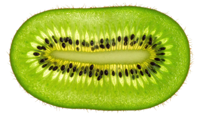 Translucent slice of a kiwi fruit reveals its intricate interior structure, showcasing vibrant green and yellow hues against a stark black background.