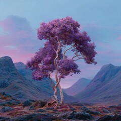 A vibrant, purple-hued tree stands tall against a backdrop of serene, mountainous terrain, bathed in the soft light of a pastel sky.