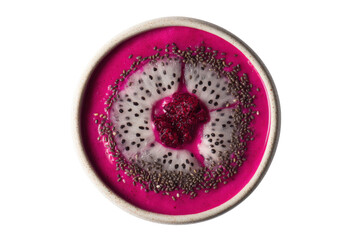 Top view of a vibrant pink dragon fruit smoothie bowl topped with chia seeds and a slice of dragon fruit, isolated on transparent background