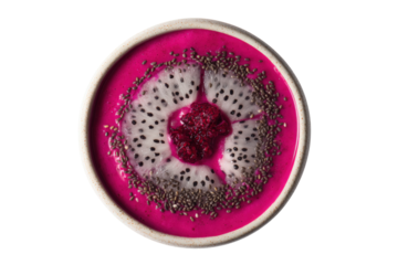 Top view of a vibrant pink dragon fruit smoothie bowl topped with chia seeds and a slice of dragon fruit, isolated on transparent background