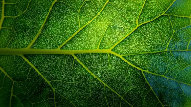 Macro photograph of a green leaf with detailed vein network, natural photography style, captured on a blurred green background, concept of nature