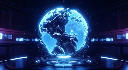 Glowing Digital Earth with Futuristic Technology, Visualizing Global Connectivity and Modern Technological Advancement in a Dark Blue Tone.