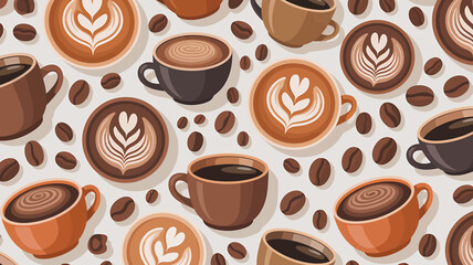 Obraz premium Coffee Cup and Coffee Bean Seamless Pattern Background for Cafe Designs and Delicious Coffee Beverages