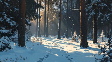 Sunlit Snow Path through a Winter Forest