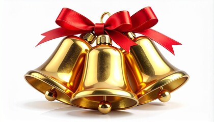 Golden Christmas Bells with Red Ribbon Tied in a Bow, a Festive Decoration Symbolizing the Holiday Season